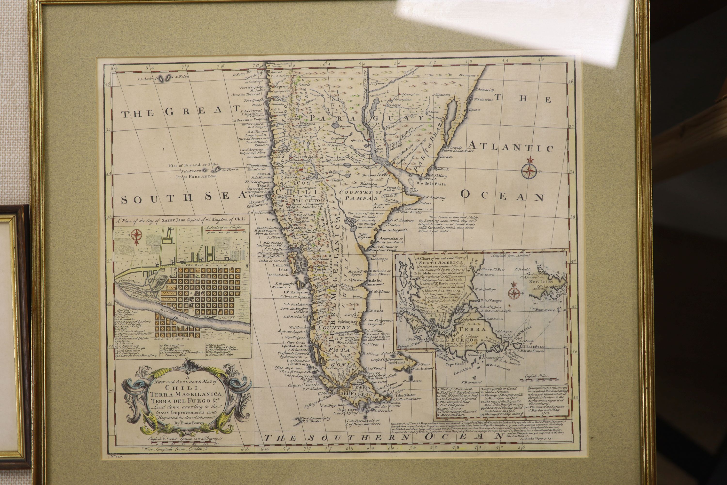 Emanuel Bowen, coloured engraving, The new and accurate map of Chile Terra Magellanica, 36 x 44cm and a small engraving of Chile and Patagonia, 10 x 14cm